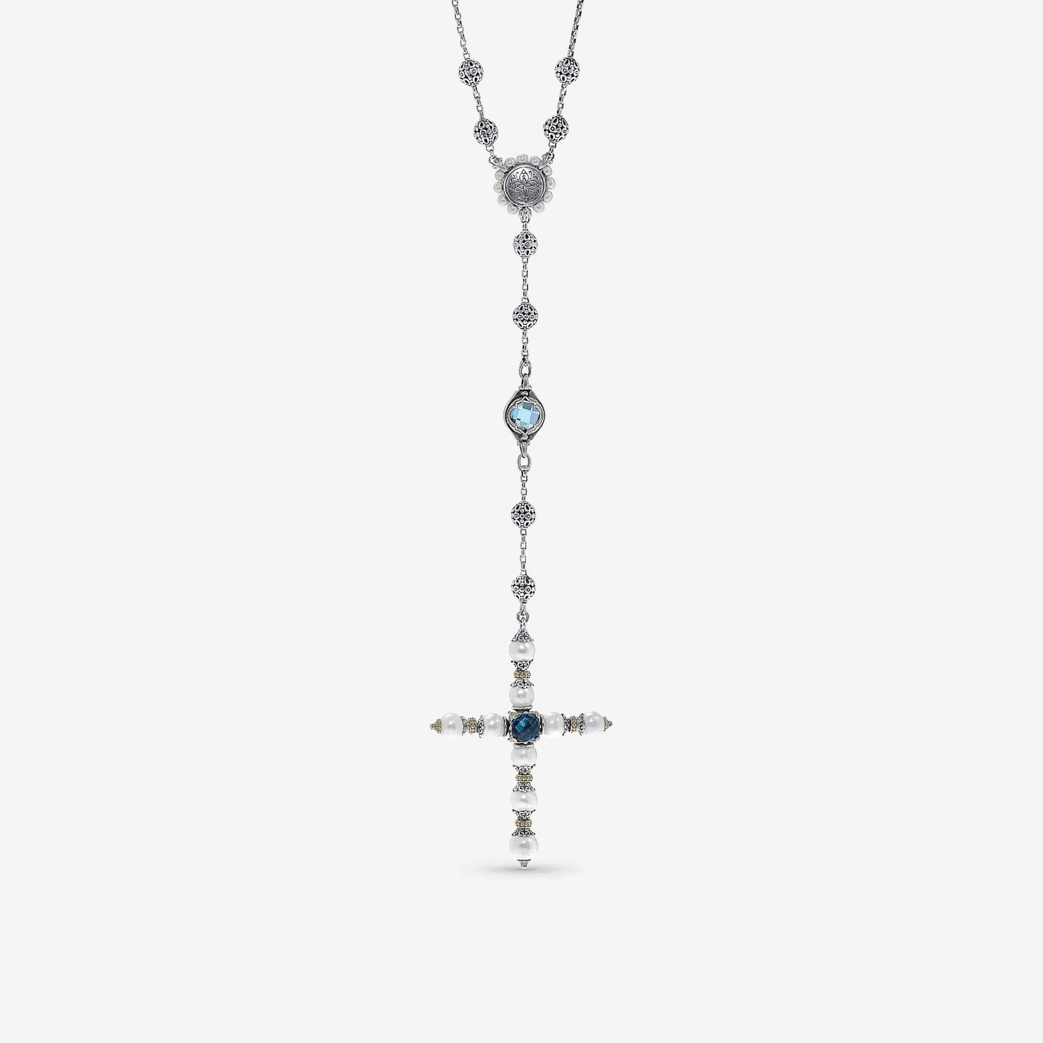 Konstantino Blue Topaz, Iolite and Pearl Cross Lariat Necklace KOMK4733-999-CUT