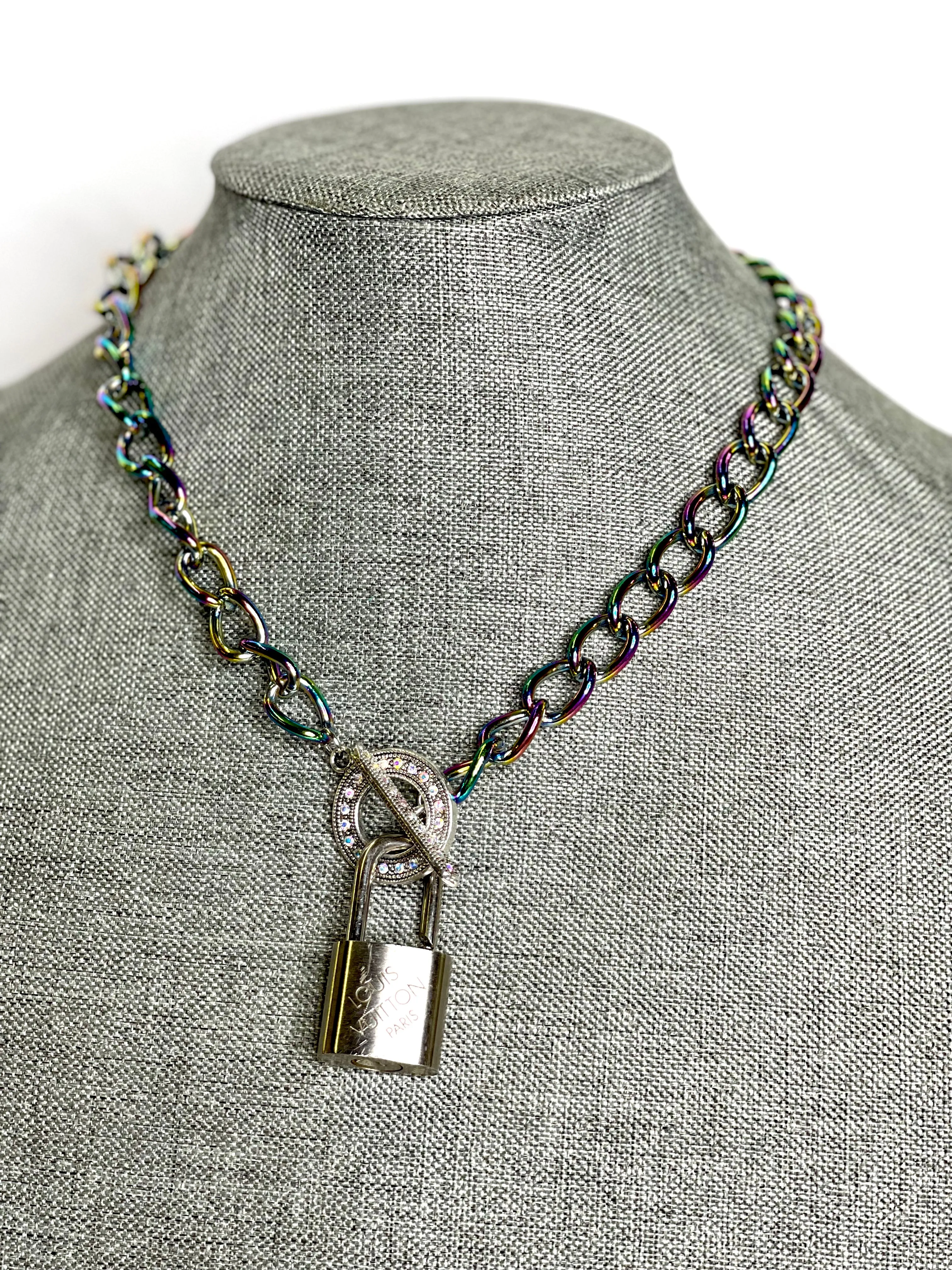 Lock & Chain necklace in rainbow, silver toggle AB Rhinestone