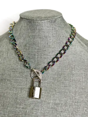 Lock & Chain necklace in rainbow, silver toggle AB Rhinestone
