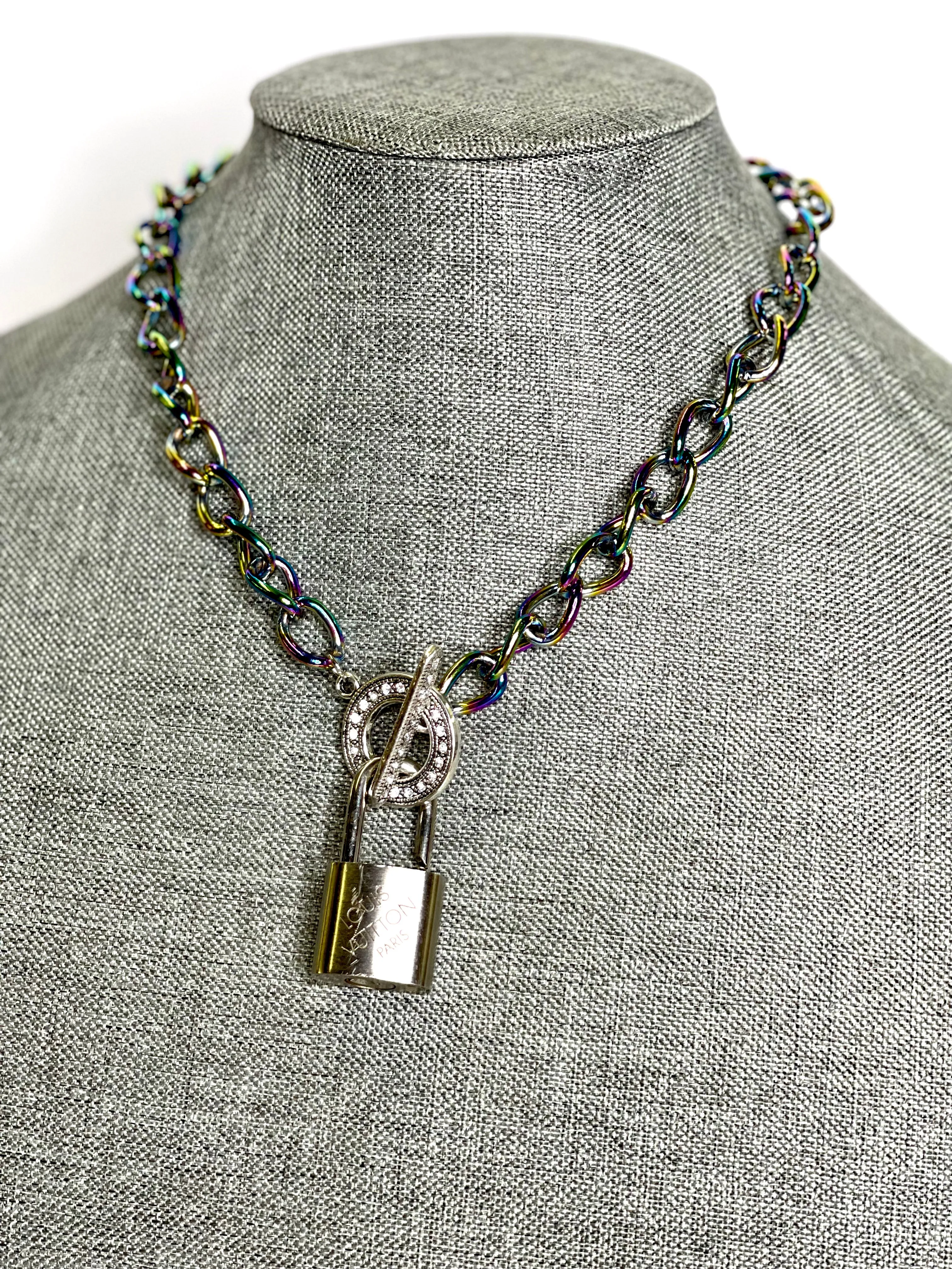 Lock & Chain necklace in rainbow, silver toggle Clear Rhinestone