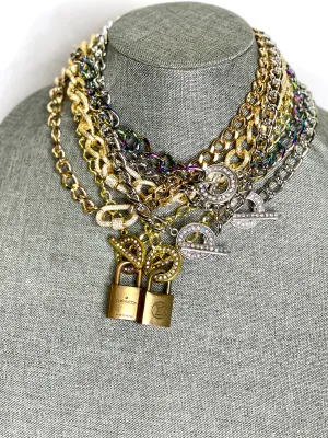 Lock & Chain necklace in rainbow, silver toggle Clear Rhinestone