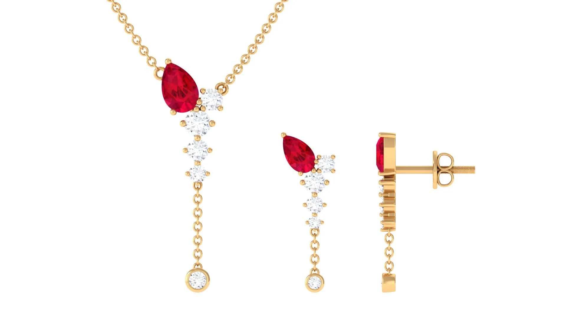 Minimal Created Ruby Dangle Necklace and Earrings Set in Gold with Moissanite
