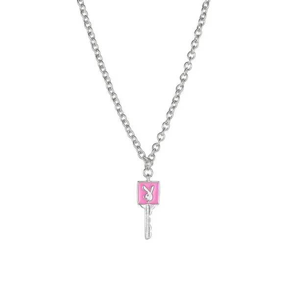 N1990 Silver Dainty Light Pink Bunny Rabbit Key Necklace with FREE Earrings