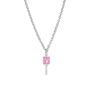 N1990 Silver Dainty Light Pink Bunny Rabbit Key Necklace with FREE Earrings