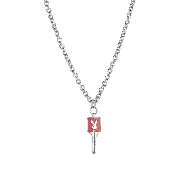 N1993 Silver Dainty Red Bunny Rabbit Key Necklace with FREE Earrings