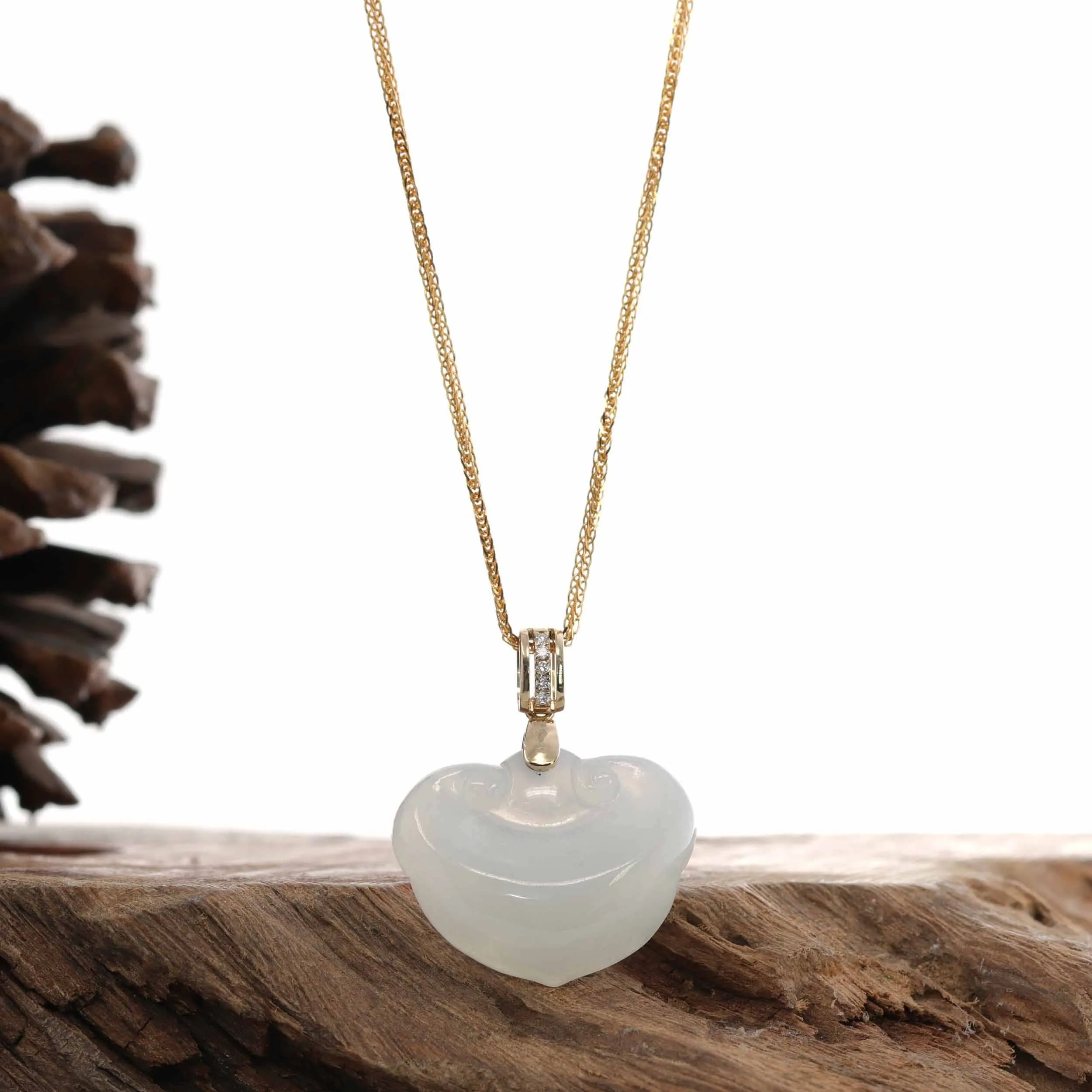 Natural Ice White Jadeite Jade Ru Yi Necklace With 14k Yellow Gold VS1 Diamond Bail