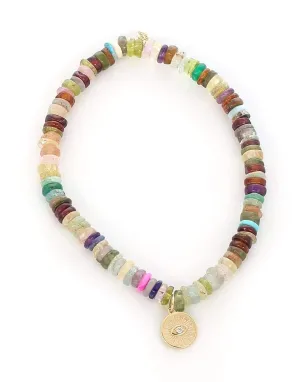 Pave Diamond Eye Coin Charm on Multi Opal Bracelet