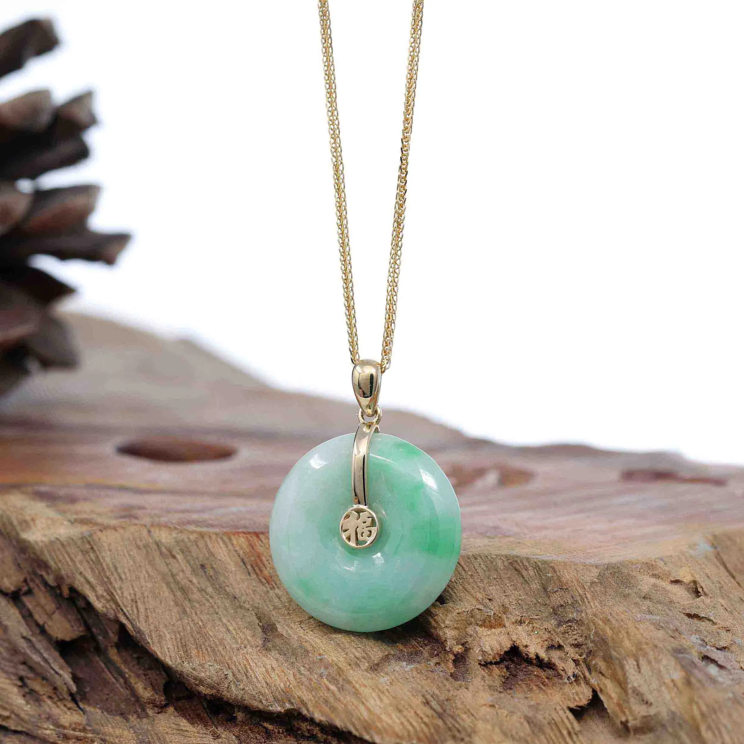 "Good Luck Button" Green Jadeite Jade Lucky KouKou Pendant With 14K Yellow Gold Bail