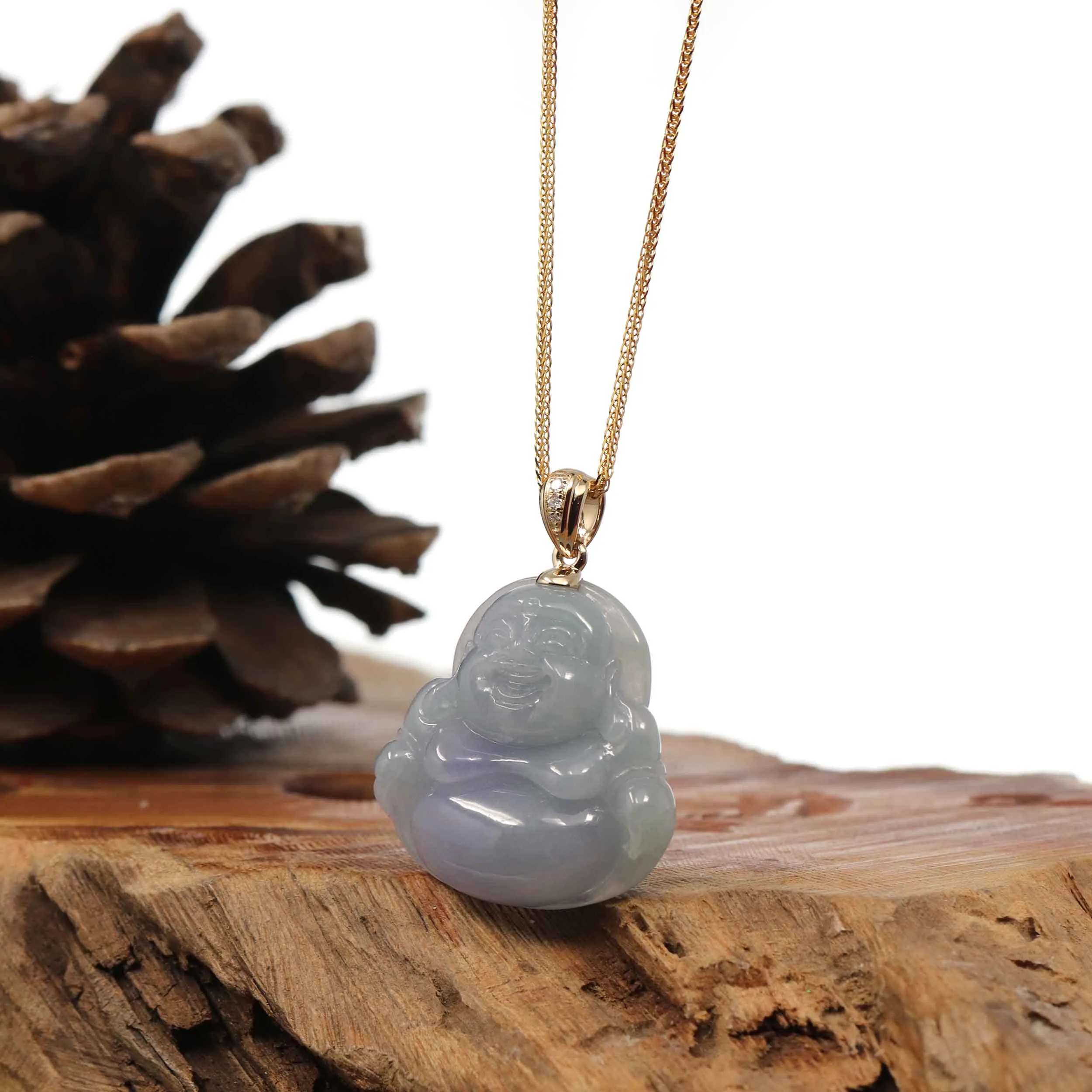 "Laughing Buddha" 14k Yellow Gold Lavender Jadeite Jade with VS1 Diamonds Bail