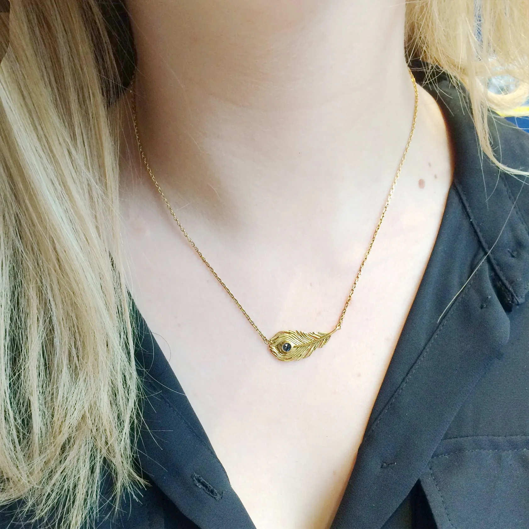 "Majestic" peacock feather necklace/ gold