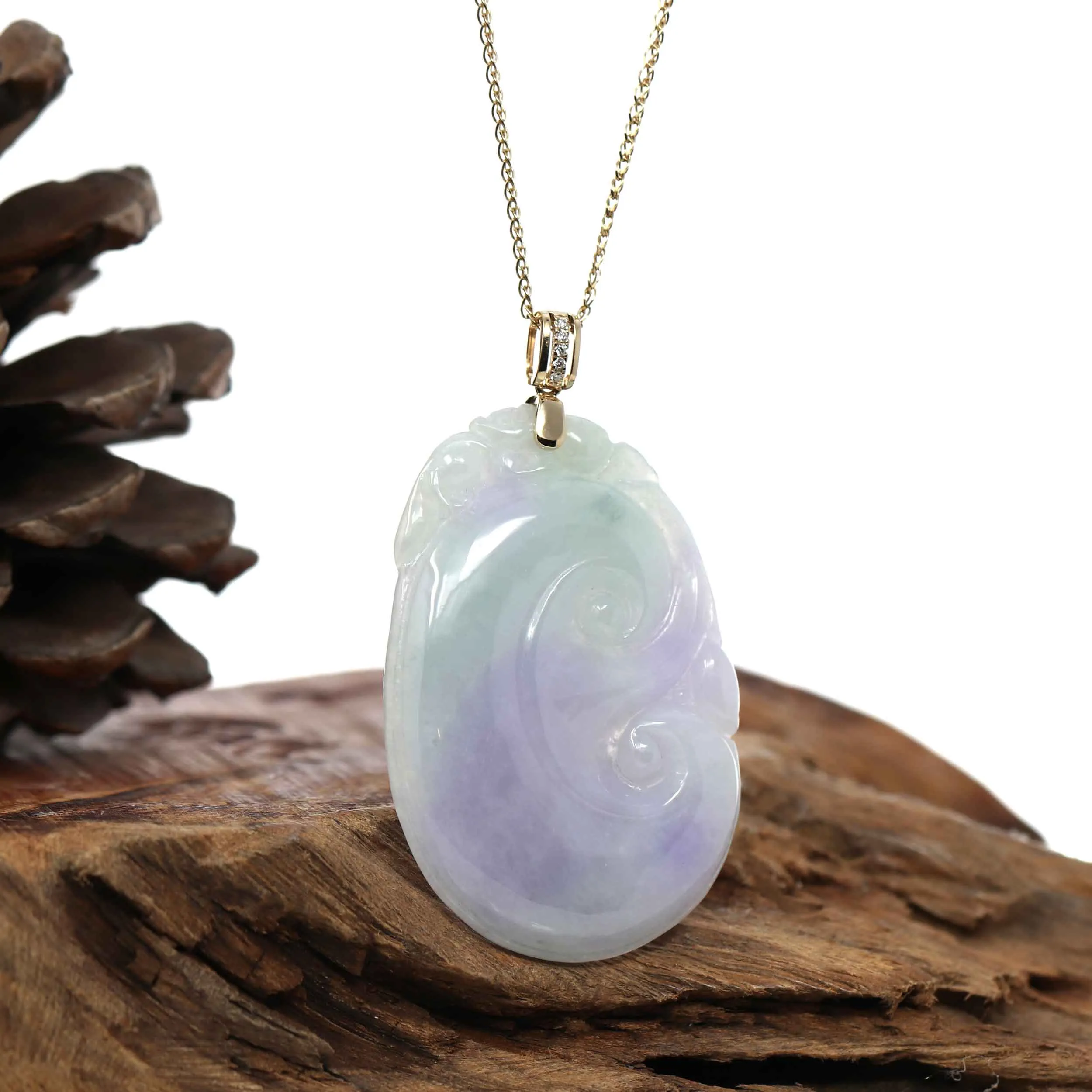 "Wang Shi Ru Yi" Genuine Lavender Green Jadeite Jade Pendant Necklace With 14K Yellow Gold VS1Diamond Bail