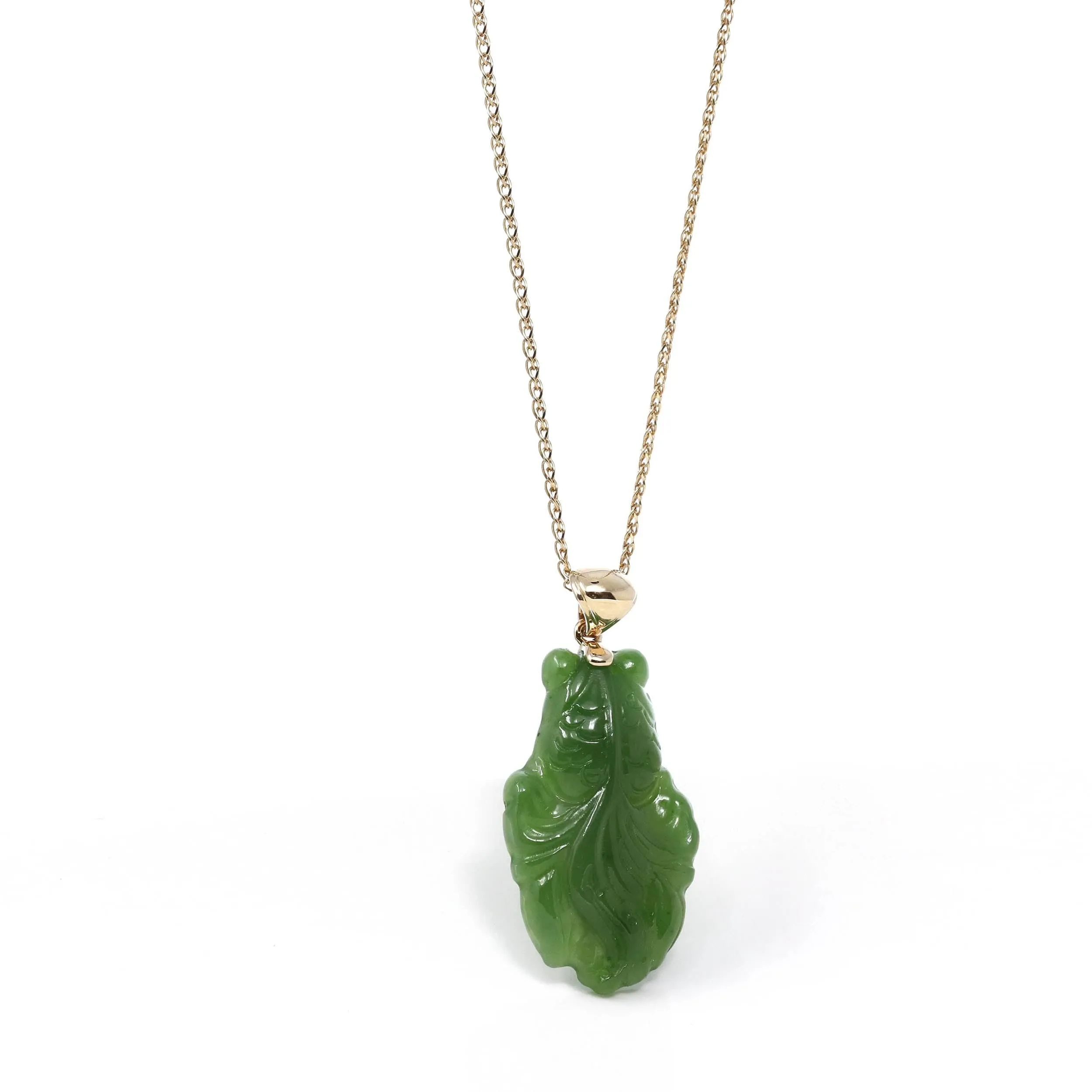 RealJade® : " Gold Fish " 14k Yellow Gold Genuine Nephrite Green Jade Pendant Necklace
