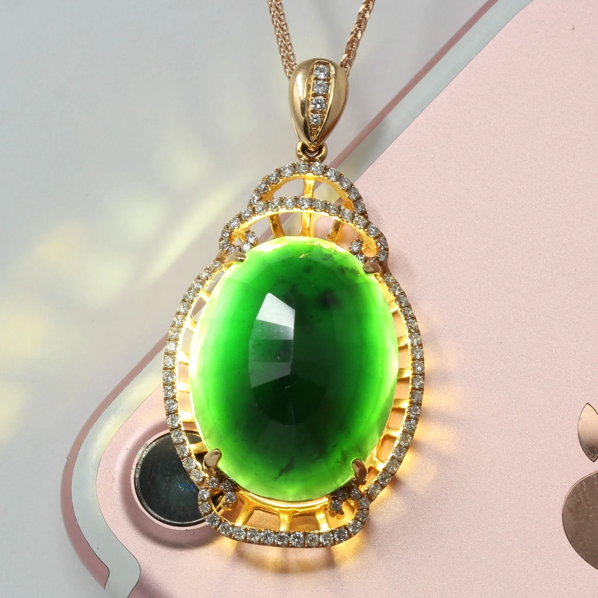 RealJade® "Faceted Cabochon"  18k White Gold Genuine Burmese Black Jadeite Pendant Necklace With Diamonds ( high quality )