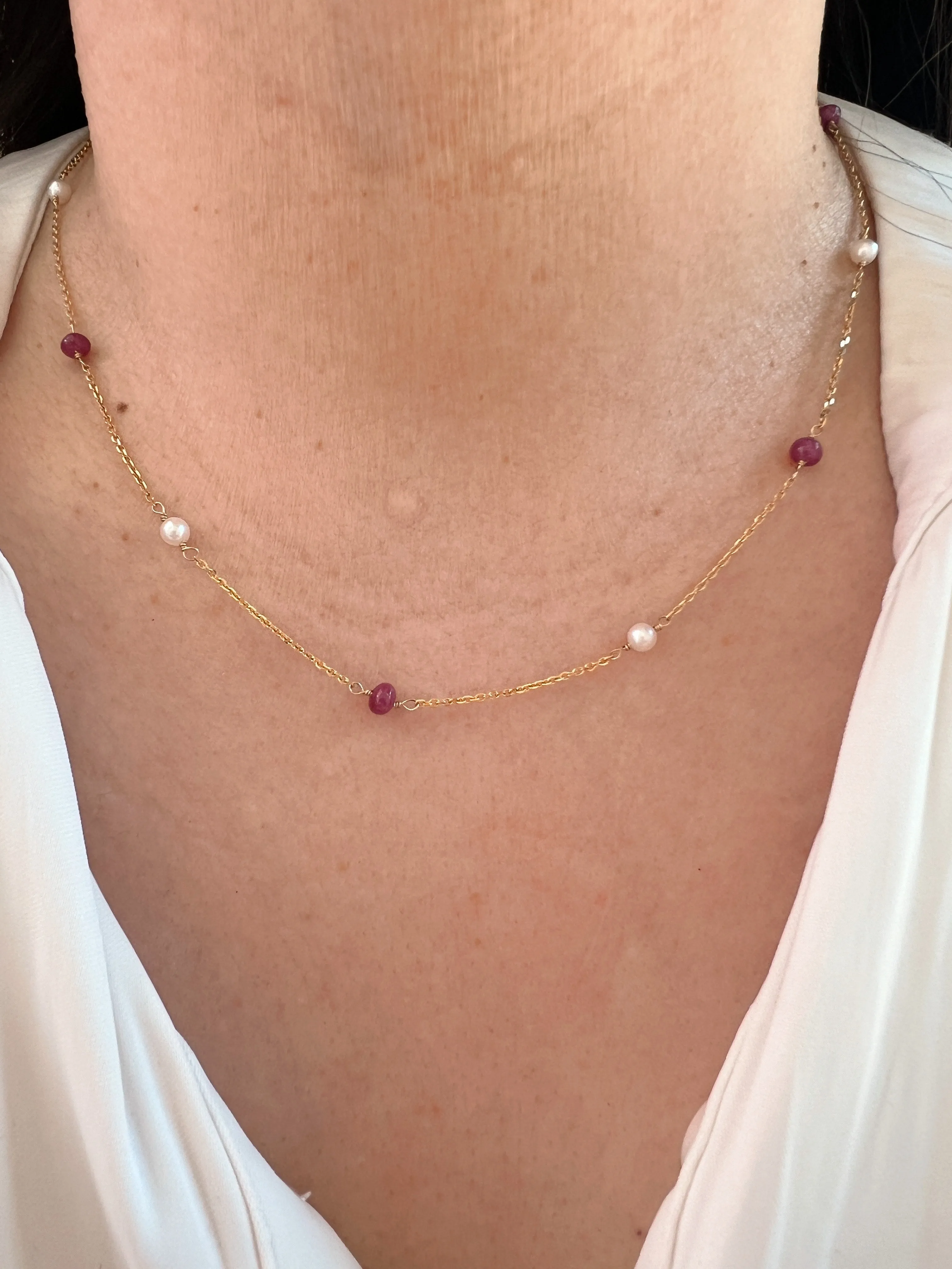 Ruby and Pearl Gold Station Necklace