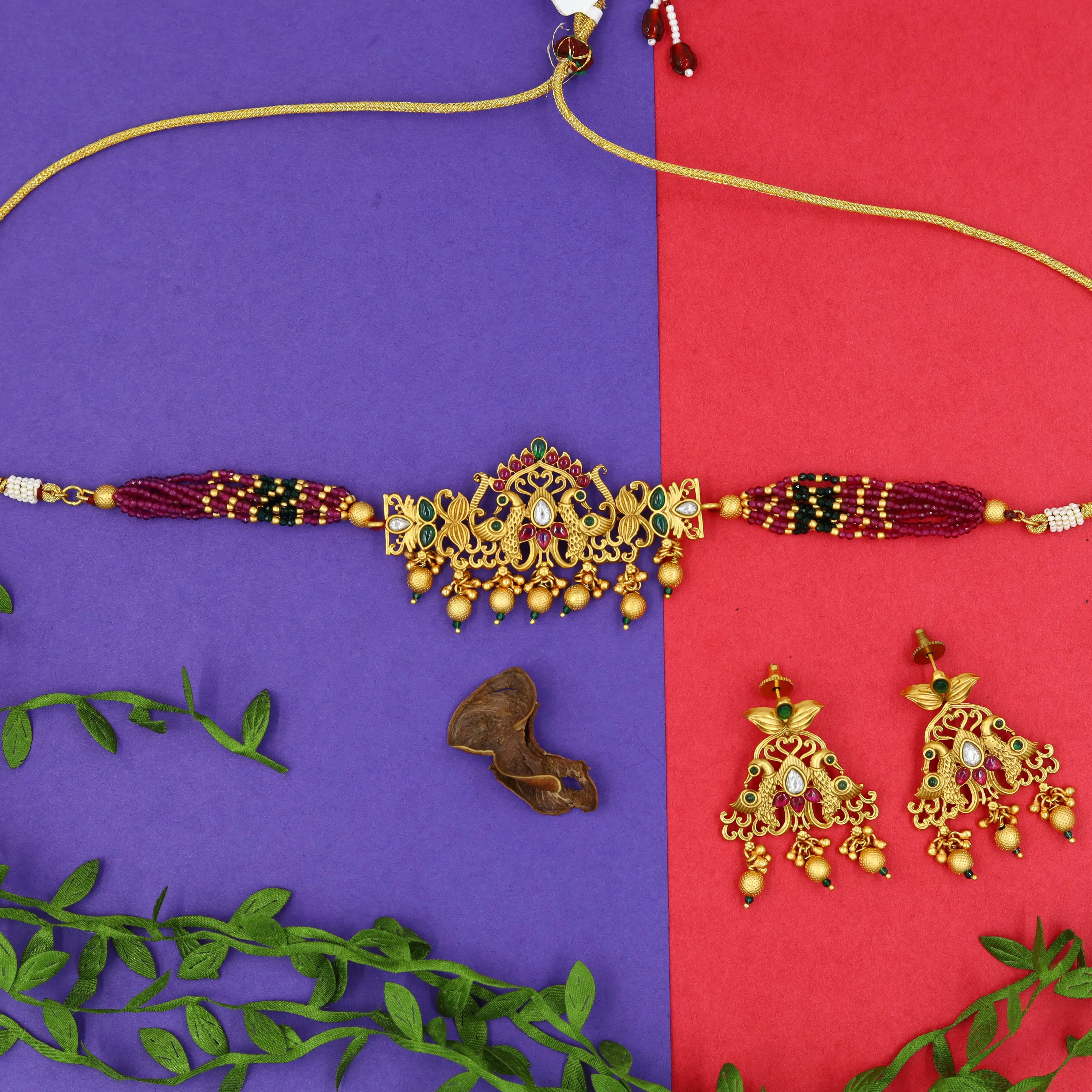 Ruby Green Gold Look Necklace Set 16676-3823