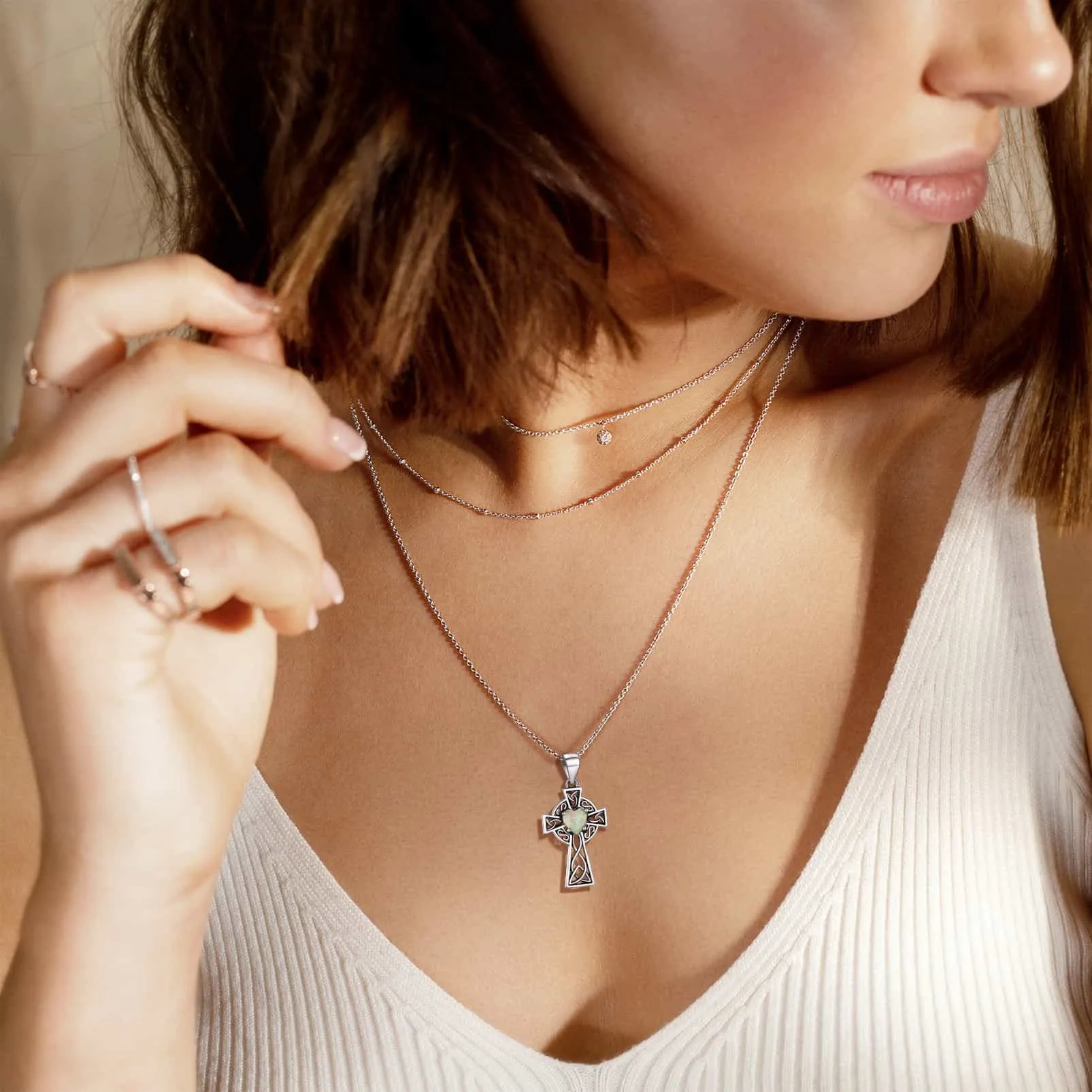 Silver Celtic Cross Pendant Necklace with Opal Heart For Women
