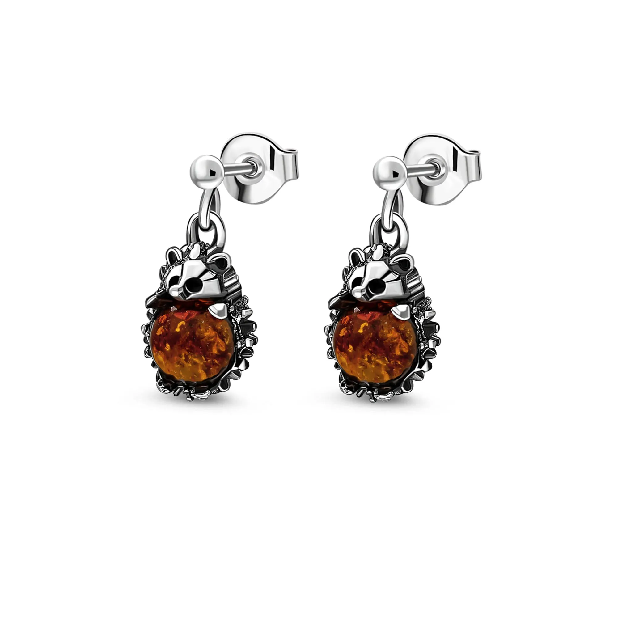 Sterling Silver Amber Hedgehog Stud Earrings