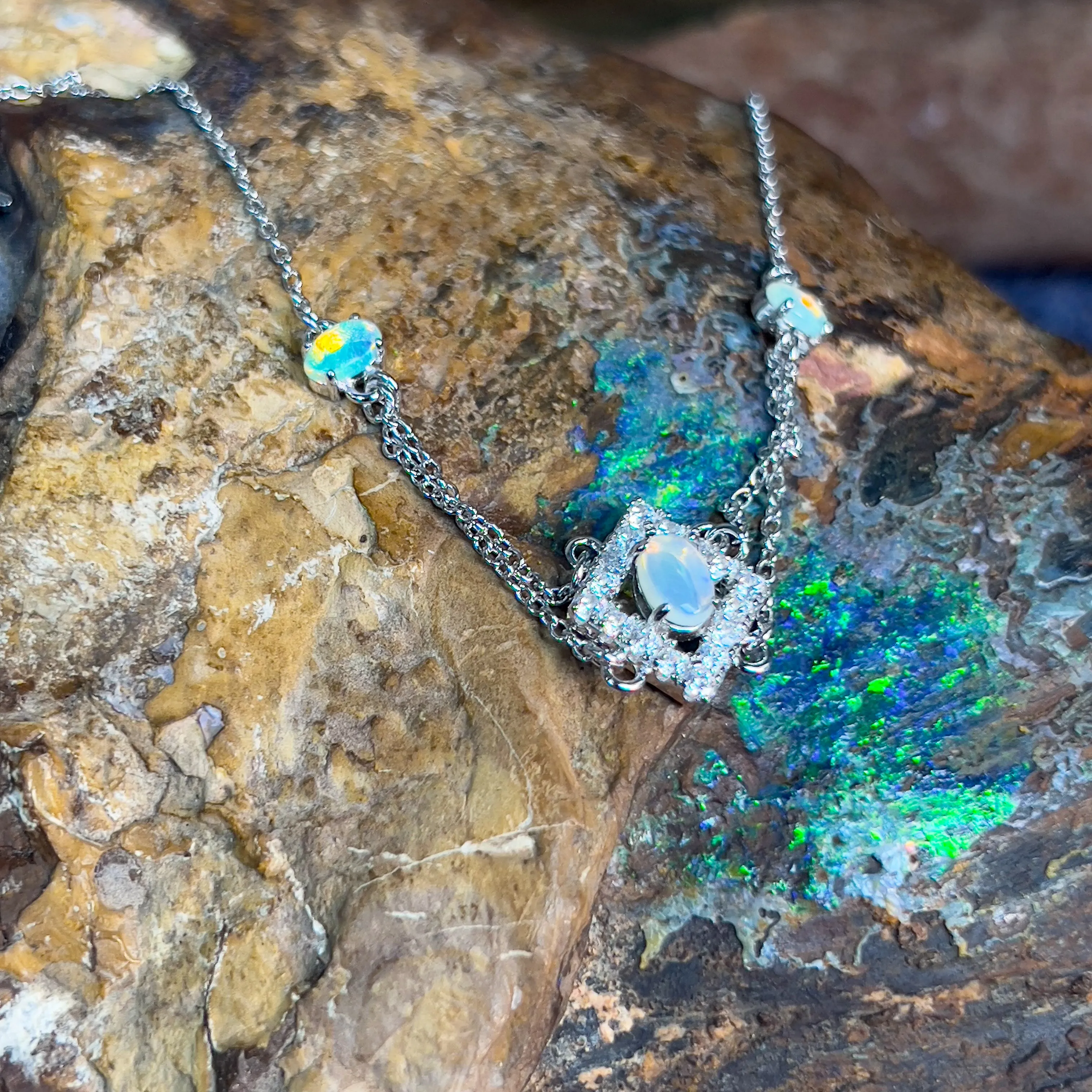 Sterling Silver cluster 3 Opal stone bracelet