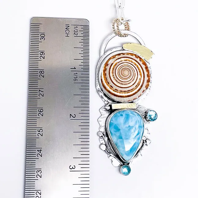 Sterling Silver Ocean Totem Statement Pendant Necklace - Sundial Shell Larimar