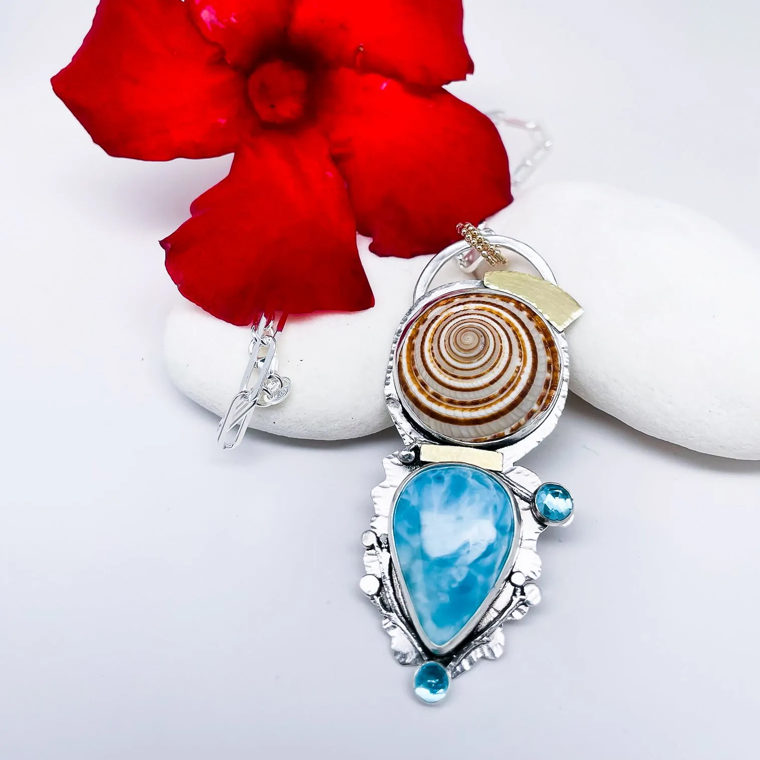 Sterling Silver Ocean Totem Statement Pendant Necklace - Sundial Shell Larimar