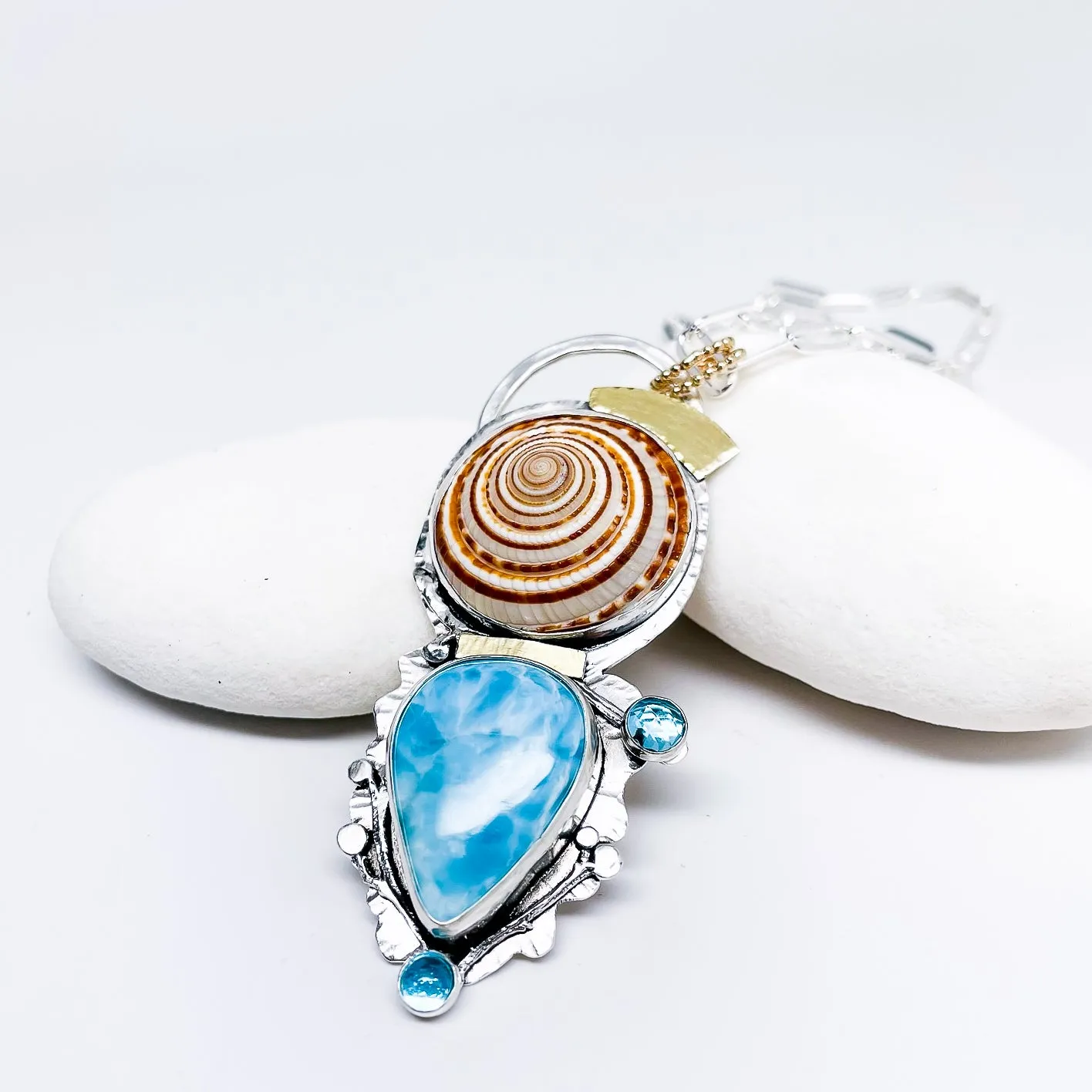 Sterling Silver Ocean Totem Statement Pendant Necklace - Sundial Shell Larimar