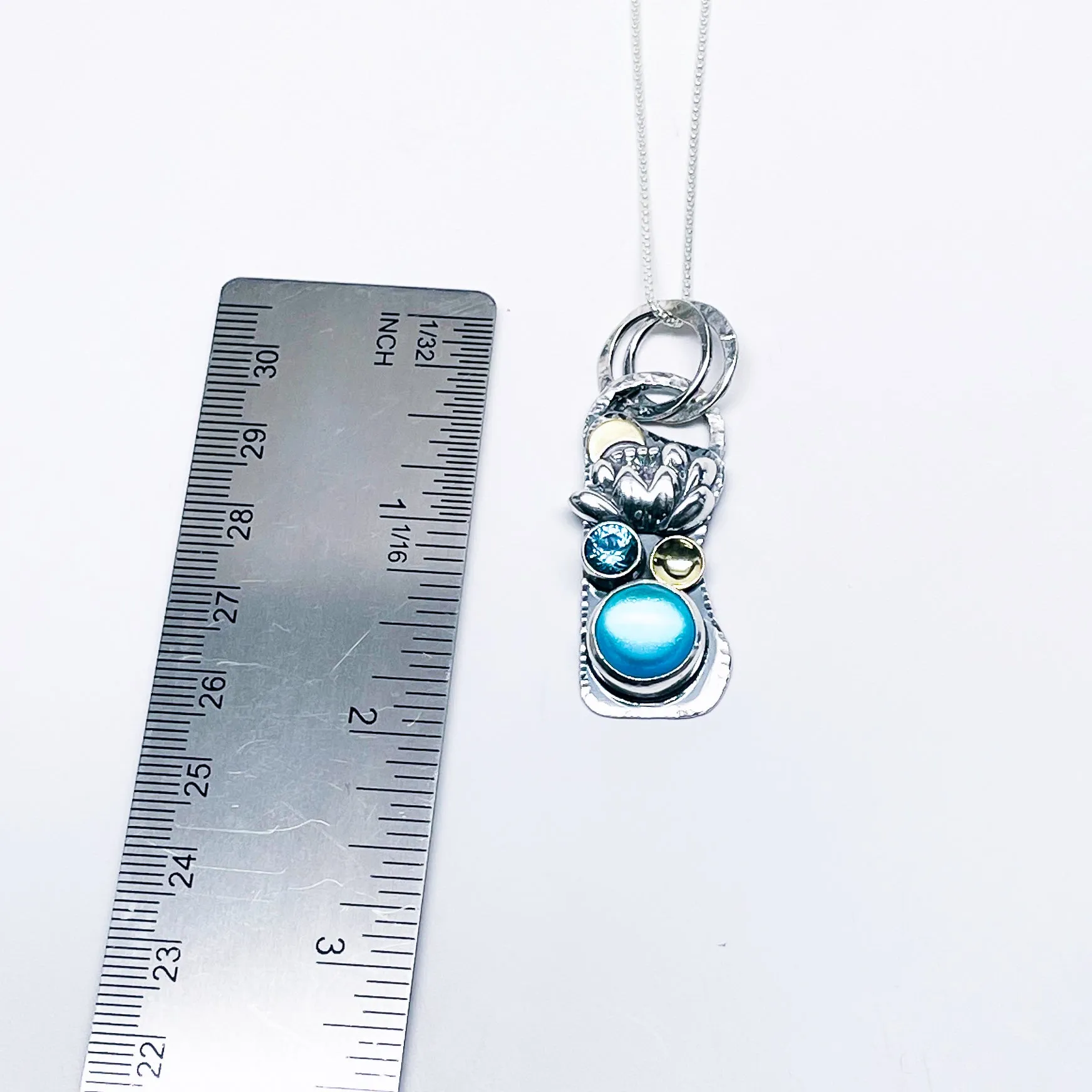 Sterling Silver Opalite and Blue Topaz Lotus Necklace