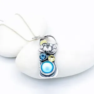 Sterling Silver Opalite and Blue Topaz Lotus Necklace