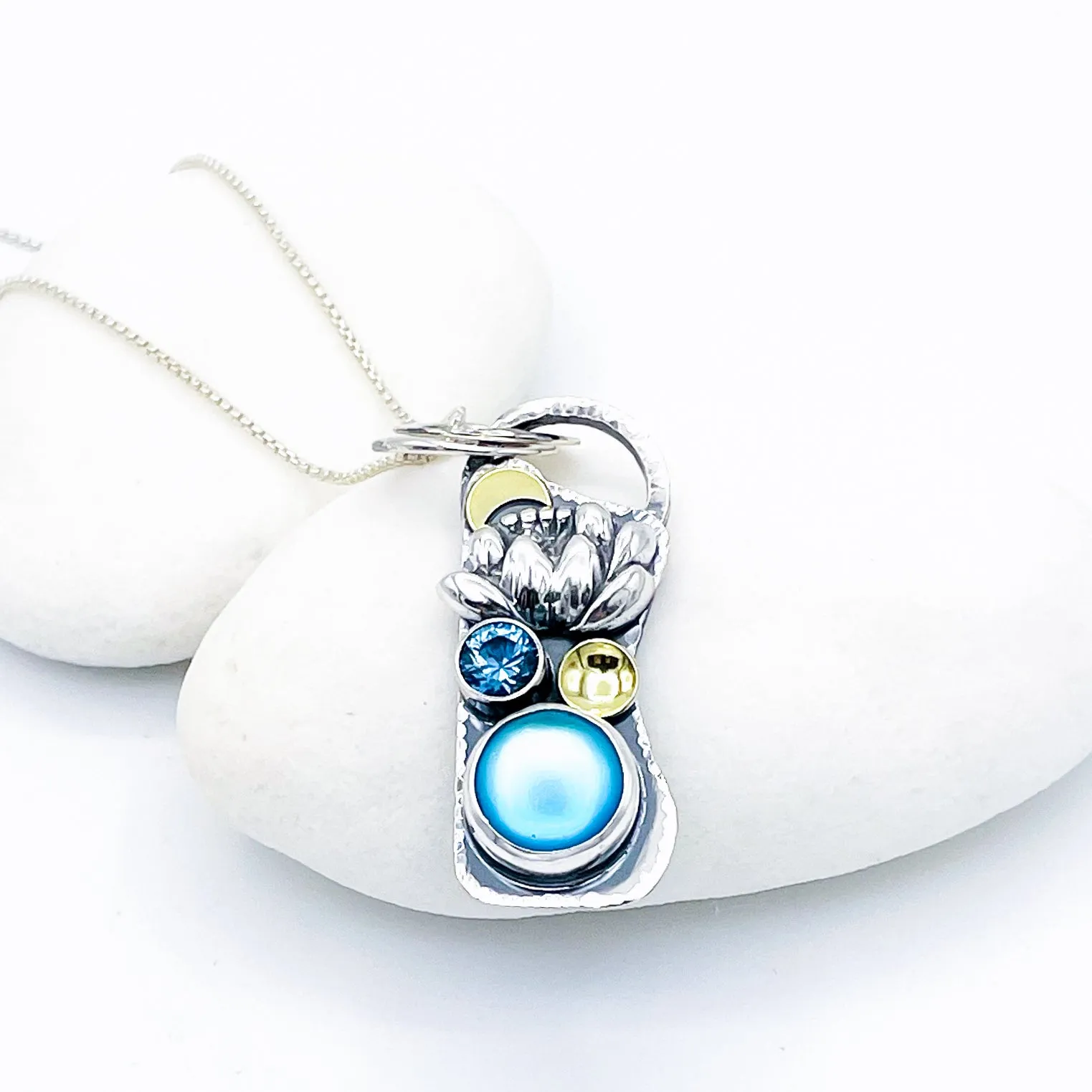 Sterling Silver Opalite and Blue Topaz Lotus Necklace