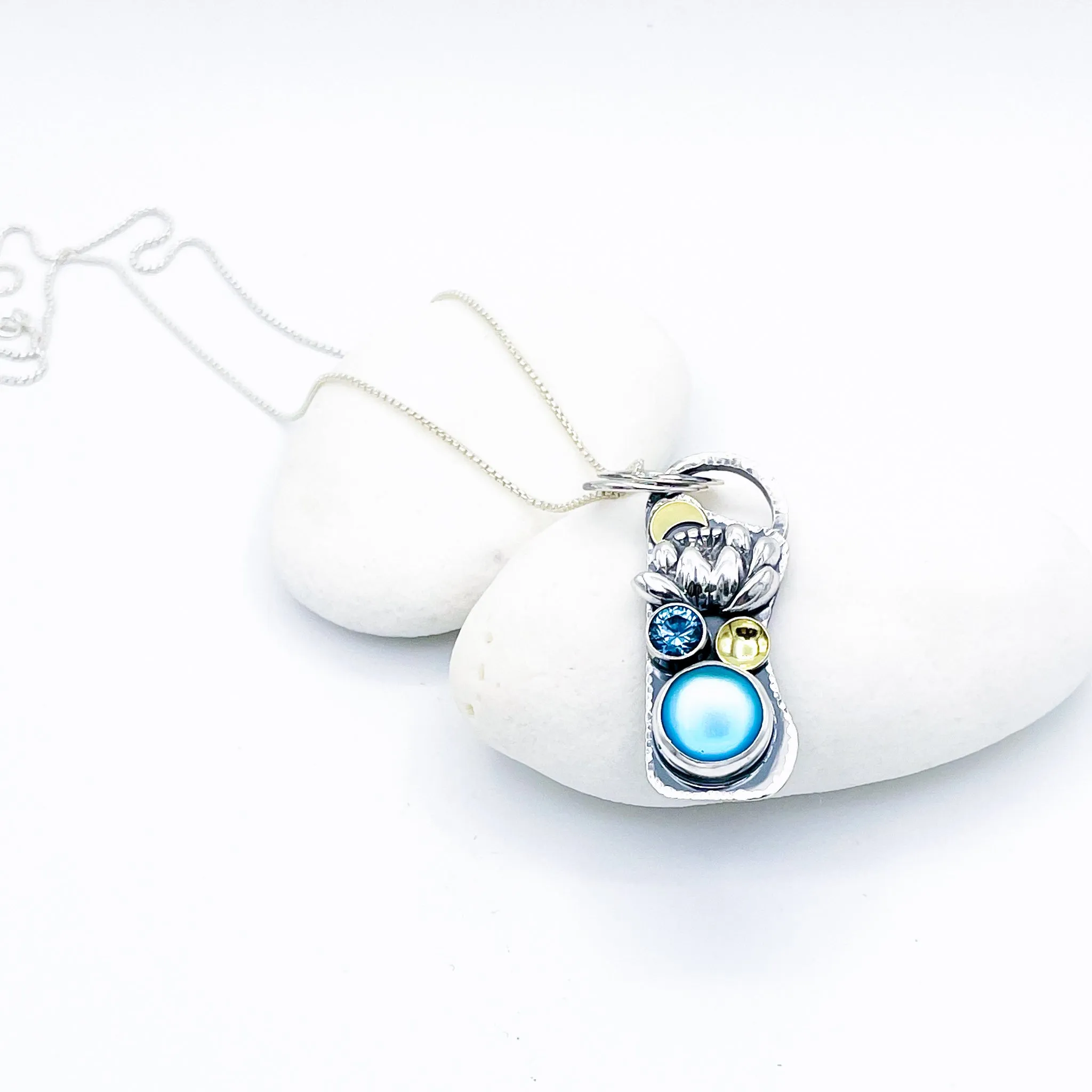 Sterling Silver Opalite and Blue Topaz Lotus Necklace