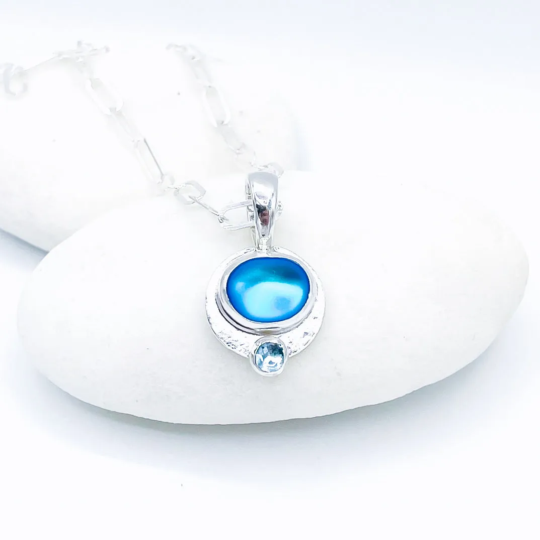 Sterling Silver Opalite Necklace with Blue Topaz - Sunburst Mandala