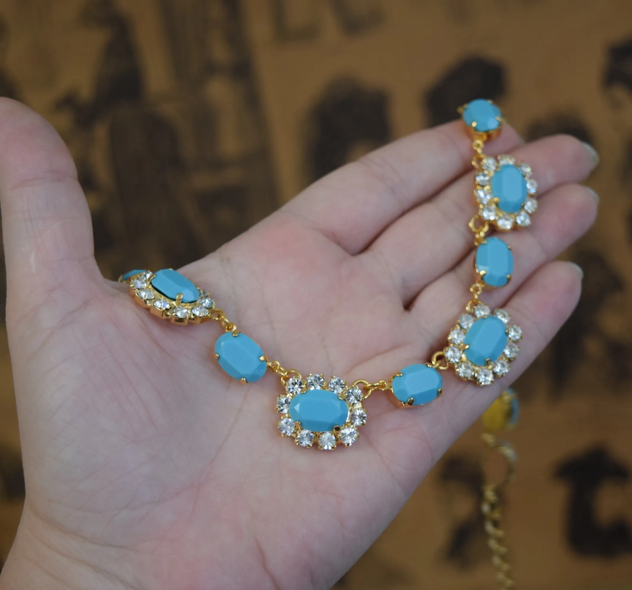 Turquoise and Crystal Swarovski Halo Necklace - Medium Oval