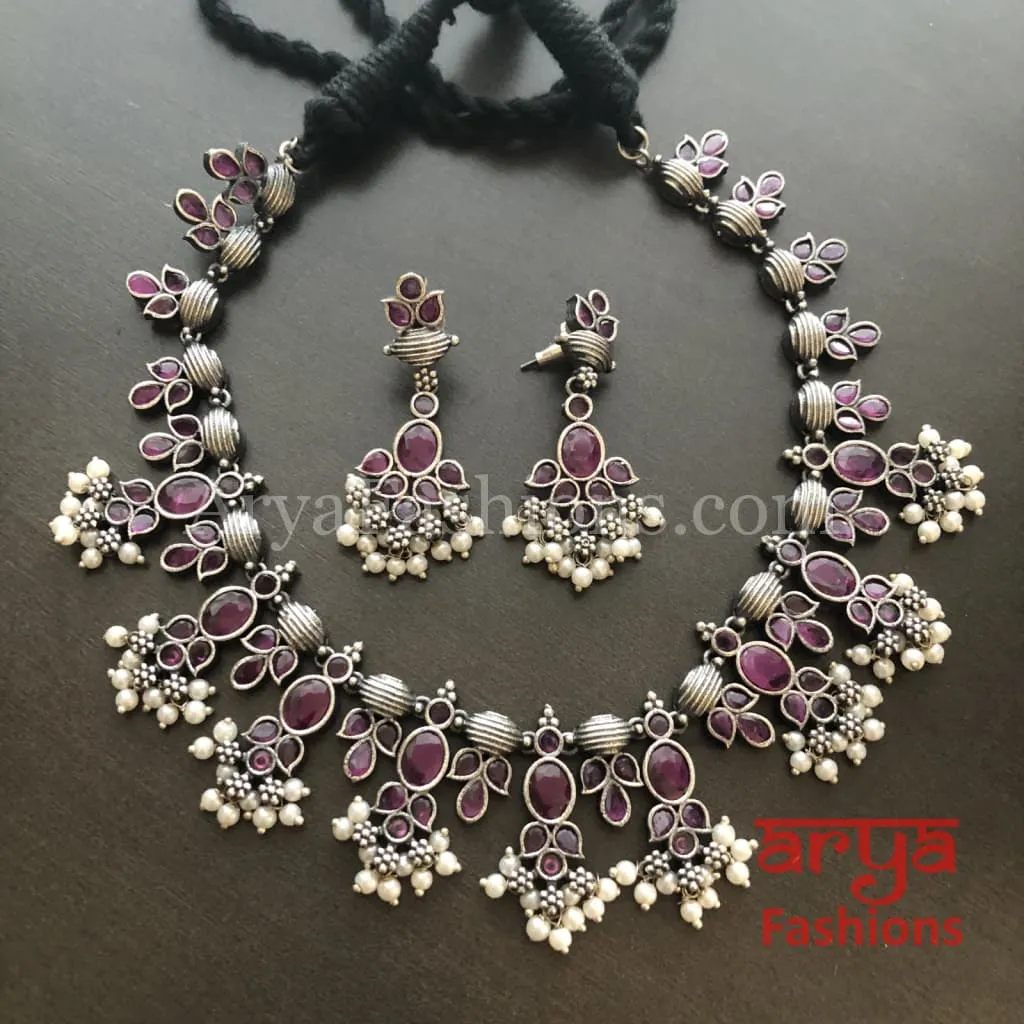 Turquoise Oxidized Tribal Bib Necklace with Pearl beads